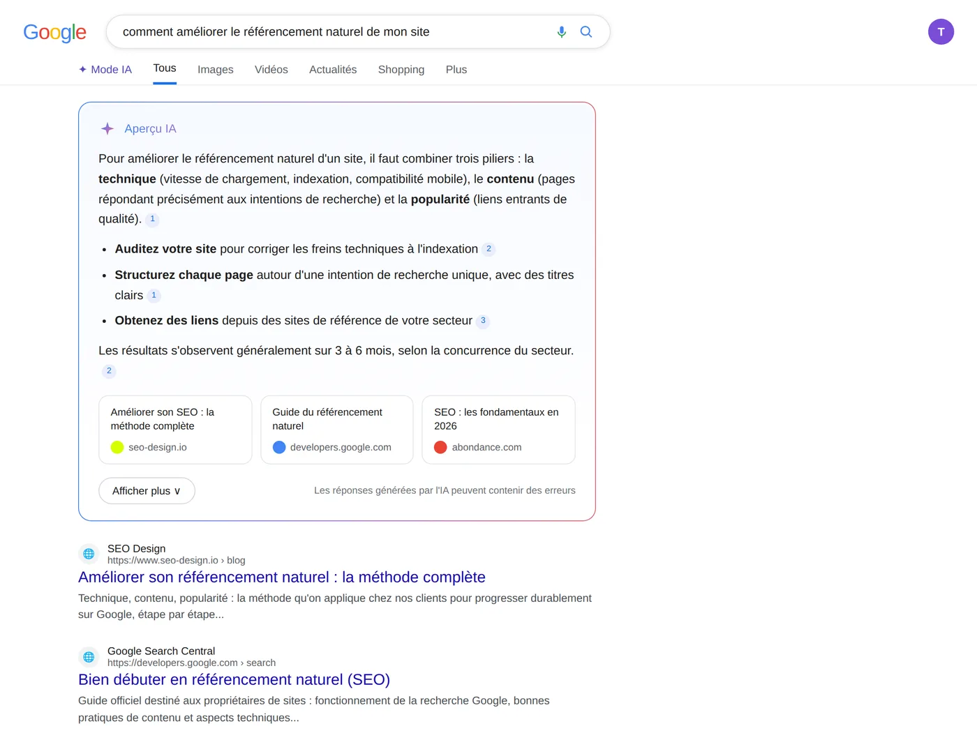 Reproduction d'une page de résultats Google France avec un Aperçu IA : résumé généré par l'IA, sources citées à droite et résultats organiques repoussés plus bas