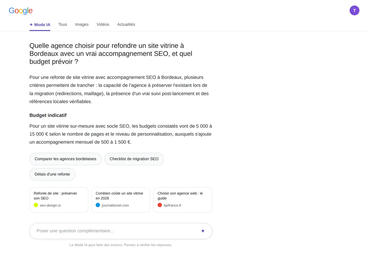 Reproduction de l'onglet Mode IA de Google en français : question complexe, réponse conversationnelle structurée, suggestions de relance et sources citées